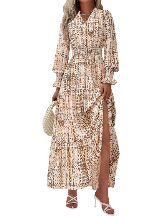 PrettyGarden Dresses & Skirts - PrettyGarden Women's Floral  Khaki Sleeve V Neck A Line Flowy Maxi Long Dress